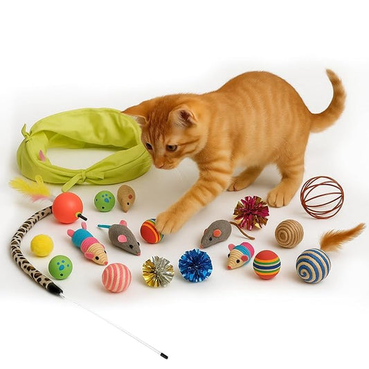 The Pet Factory 16 Pcs Cat Toy Set | Interactive Cat Play Kit with Bell Balls, Plush Mice, Teasing Wand, Knitted Balls & More | Indoor Kitten Toy for Active Play and Exercise