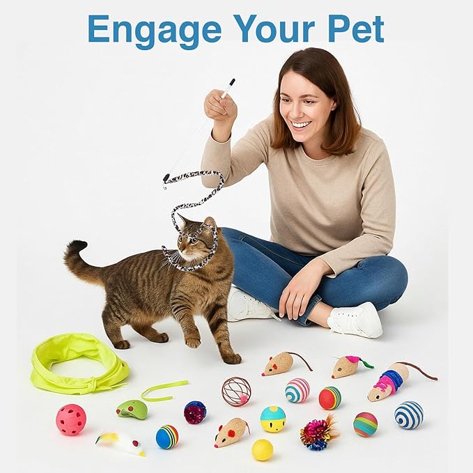 The Pet Factory 16 Pcs Cat Toy Set | Interactive Cat Play Kit with Bell Balls, Plush Mice, Teasing Wand, Knitted Balls & More | Indoor Kitten Toy for Active Play and Exercise