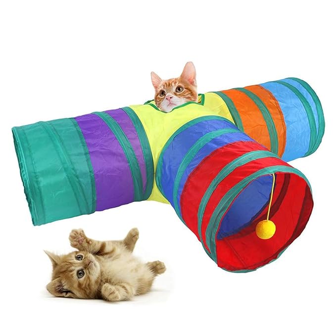 The Pet Factory 3-Way Pet Tunnels and Activity Toys for Small Animals, Collapsible Rainbow Tunnel with Hanging Ball for Guinea Pig, Ferret, Rabbit