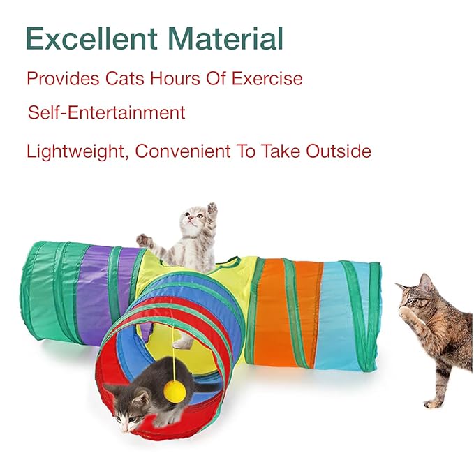 The Pet Factory 3-Way Pet Tunnels and Activity Toys for Small Animals, Collapsible Rainbow Tunnel with Hanging Ball for Guinea Pig, Ferret, Rabbit