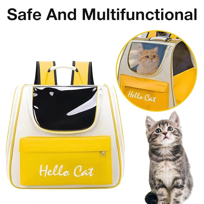 The Pet Factory Cat Carrier Backpack | Breathable Travel Bag for Cats & Small Pets | Portable Pet Backpack with Mesh Windows, Safety Zippers & Padded Straps | Ideal for Hiking, Travel & Vet Visits (Yellow)