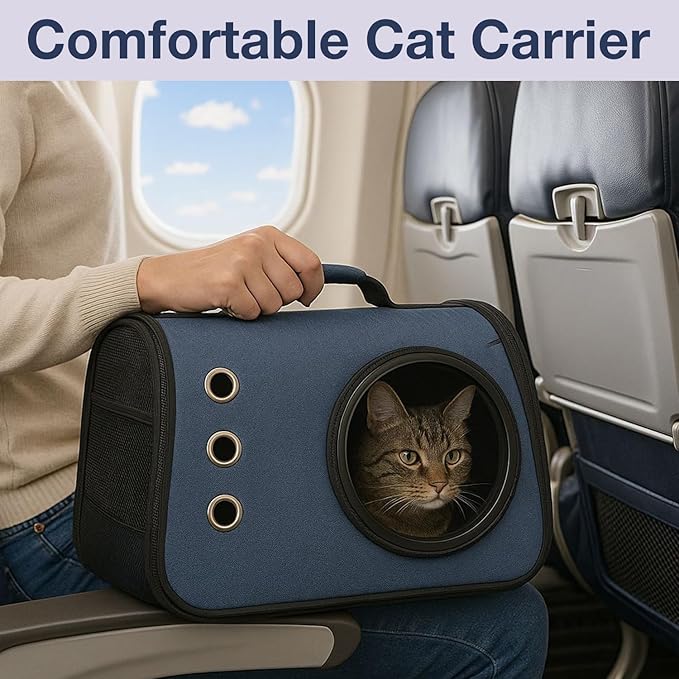 The Pet Factory Cat Travel Carrier Bag Blue | Portable Pet Carrier for Cats & Small Dogs | Rectangular Shape with Mesh Ventilation, Shoulder Strap & Safety Zippers | Ideal for Travel, Vet Visits & Car Rides