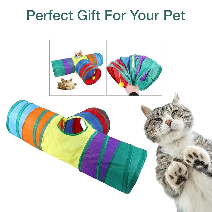 The Pet Factory 3-Way Pet Tunnels and Activity Toys for Small Animals, Collapsible Rainbow Tunnel with Hanging Ball for Guinea Pig, Ferret, Rabbit