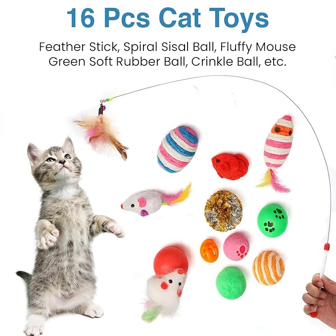 The Pet Factory 16 Pcs Cat Toy Set | Interactive Cat Play Kit with Bell Balls, Plush Mice, Teasing Wand, Knitted Balls & More | Indoor Kitten Toy for Active Play and Exercise