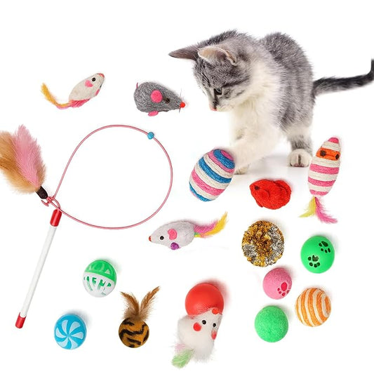 The Pet Factory 16 Pcs Cat Toy Set | Interactive Cat Play Kit with Bell Balls, Plush Mice, Teasing Wand, Knitted Balls & More | Indoor Kitten Toy for Active Play and Exercise