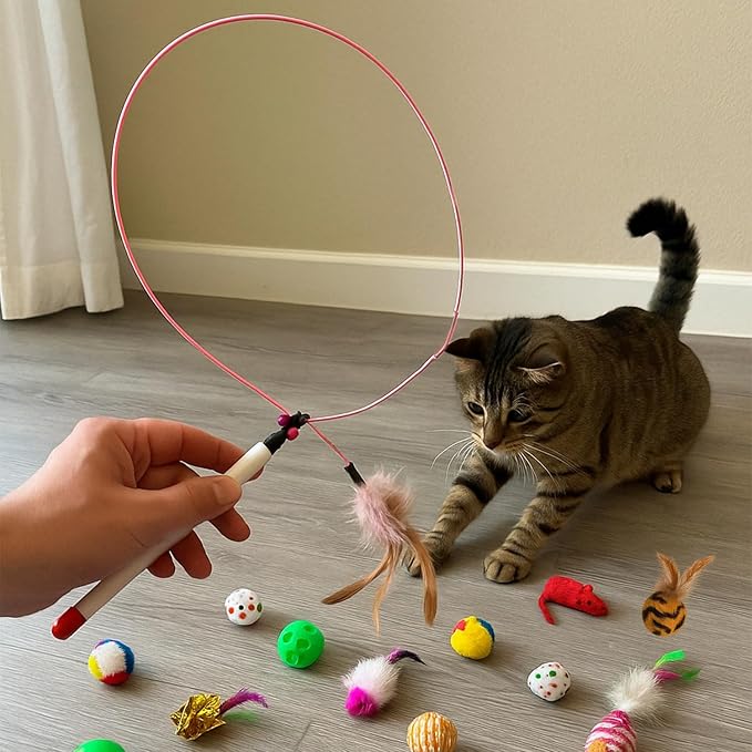The Pet Factory 16 Pcs Cat Toy Set | Interactive Cat Play Kit with Bell Balls, Plush Mice, Teasing Wand, Knitted Balls & More | Indoor Kitten Toy for Active Play and Exercise