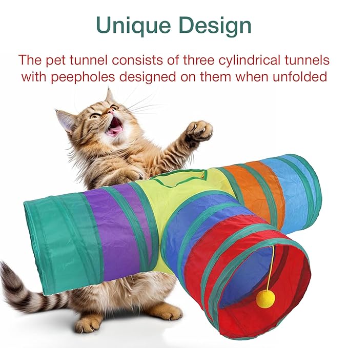 The Pet Factory 3-Way Pet Tunnels and Activity Toys for Small Animals, Collapsible Rainbow Tunnel with Hanging Ball for Guinea Pig, Ferret, Rabbit